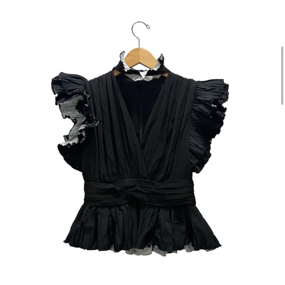 Zara Studio Black Taffeta Voluminous Ruffled Frilly Sleeve Blouse - Picture 3 of 13
